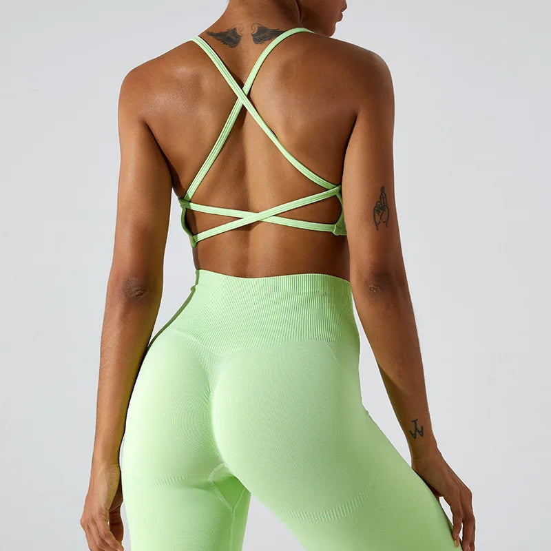 Seamless knit nylon cross back fitness sports bra - product image