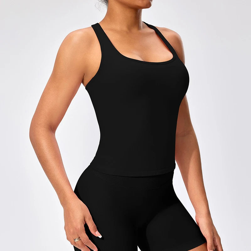 Seamless padded nylon spandex scoop neck gym tank tops with compression and racerback - product image