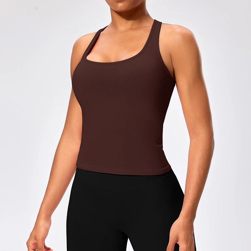 Seamless padded nylon spandex scoop neck gym tank tops with compression and racerback - product image