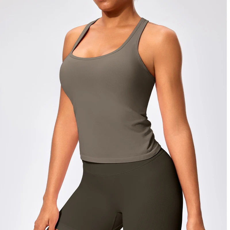 Seamless padded nylon spandex scoop neck gym tank tops with compression and racerback - product image