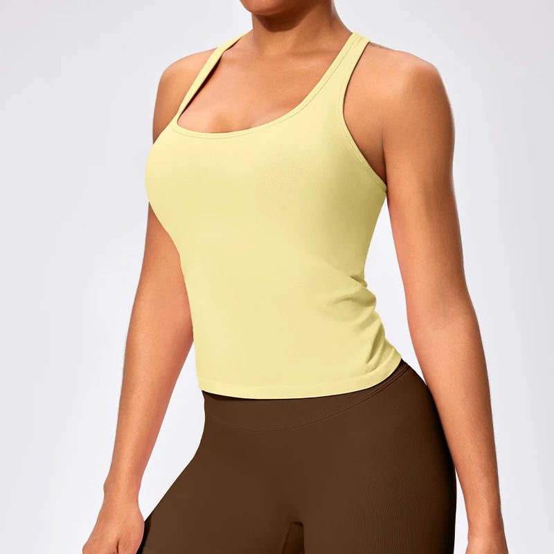 Seamless padded nylon spandex scoop neck gym tank tops with compression and racerback - product image