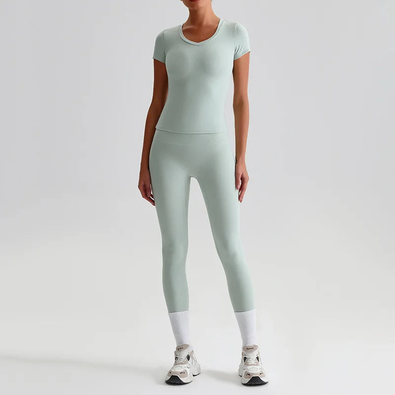 Hi Cloud Women'S Short Sleeve Top High Waist Leggings Nylon Spandex - Product Image