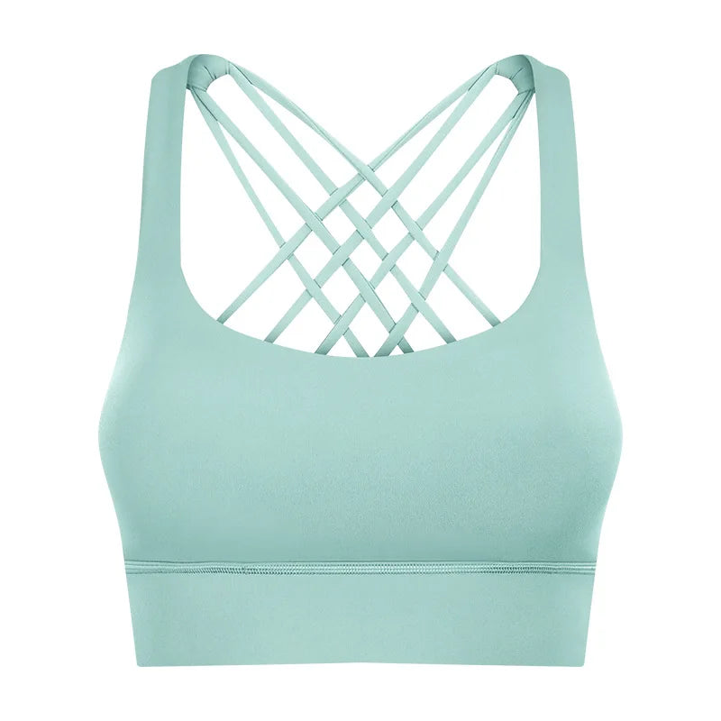 Shockproof cross strap nylon spandex knit quick dry push up fitness sports bra - product image