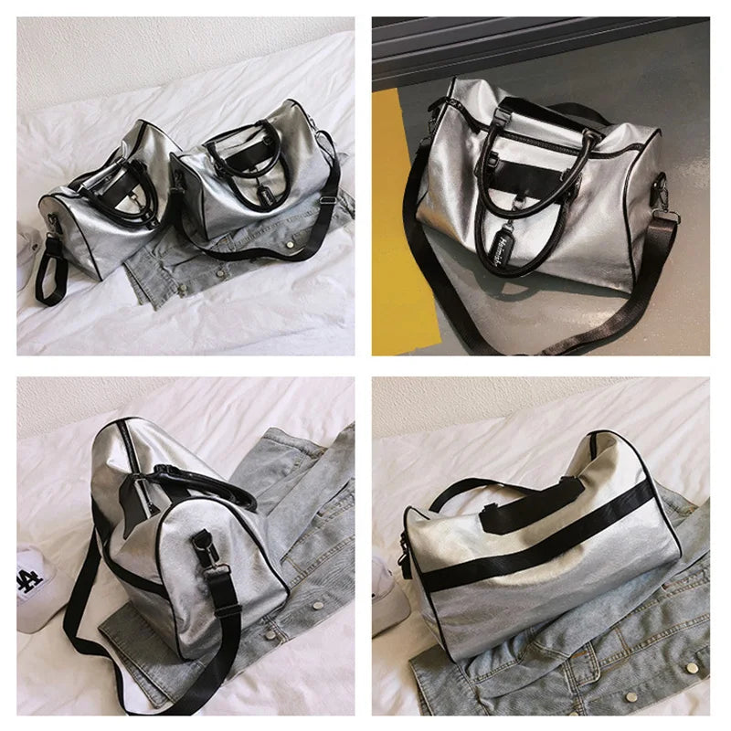 Silver fitness gym bag with large capacity and multi-compartment storage - product image