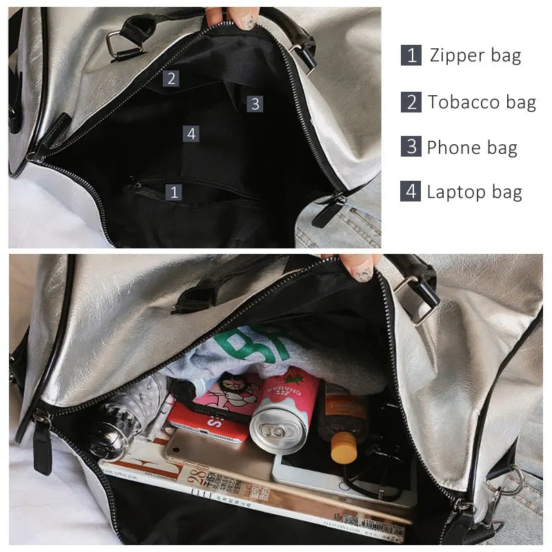 Silver fitness gym bag with large capacity and multi-compartment storage - product image