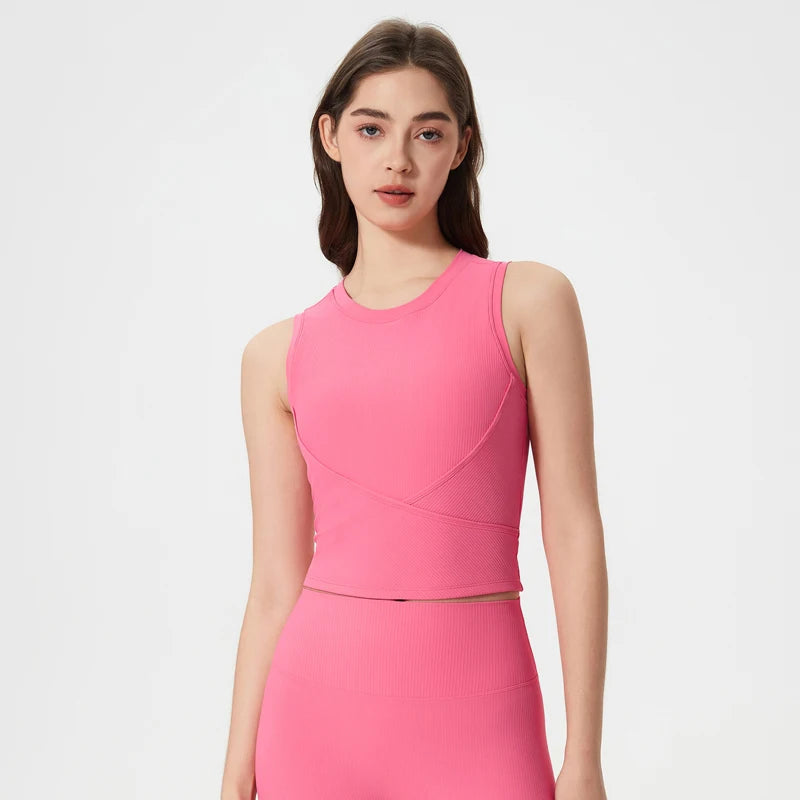 Slim fit o neck ribbed knit nylon sleeveless yoga vest - product image