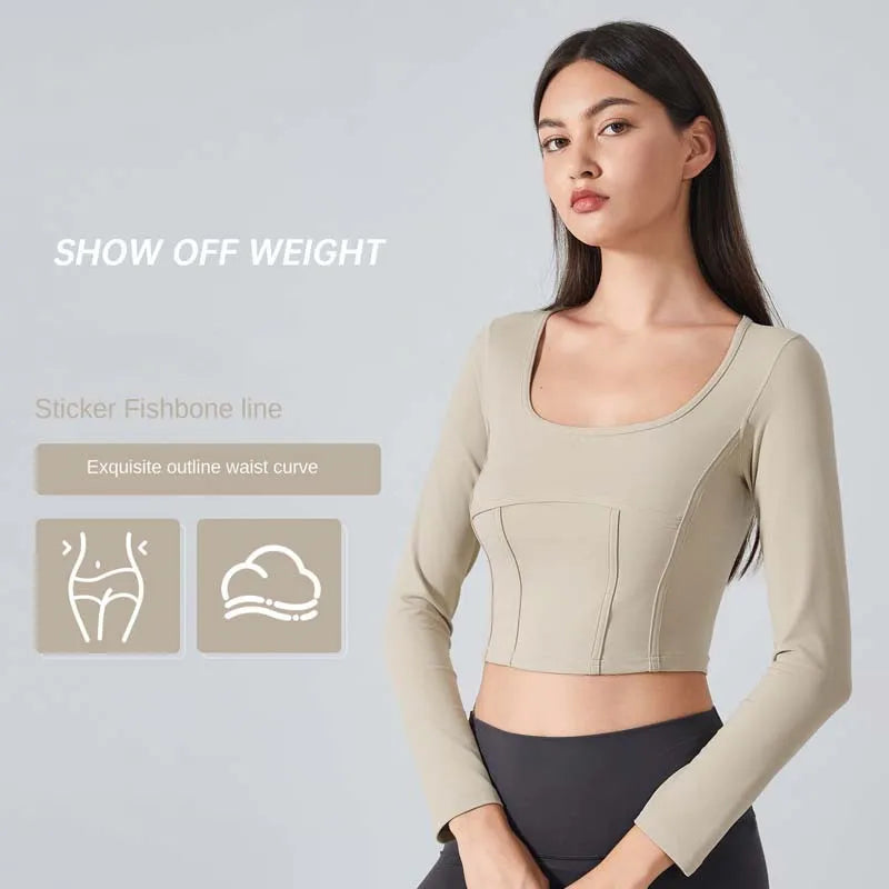 Slim fit scoop neck long sleeve nylon crop t-shirt top - product image