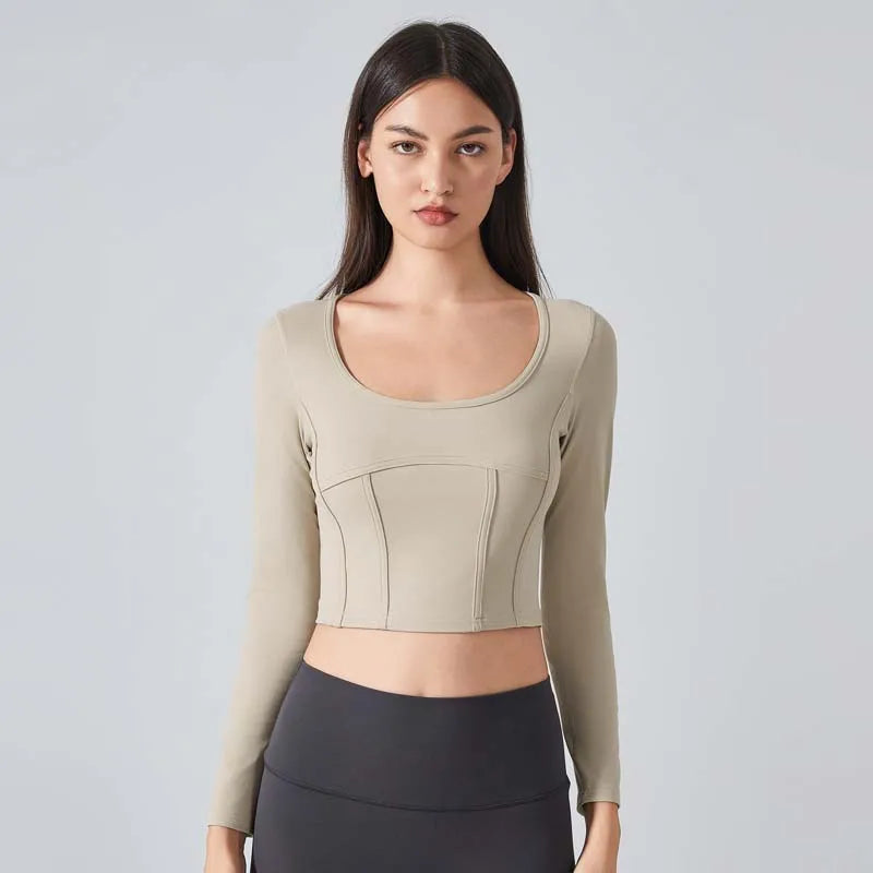 Slim fit scoop neck long sleeve nylon crop t-shirt top - product image
