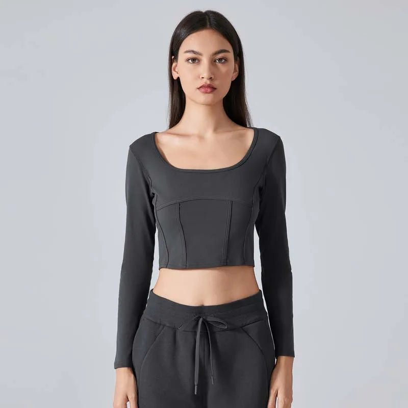 Slim fit scoop neck long sleeve nylon crop t-shirt top - product image