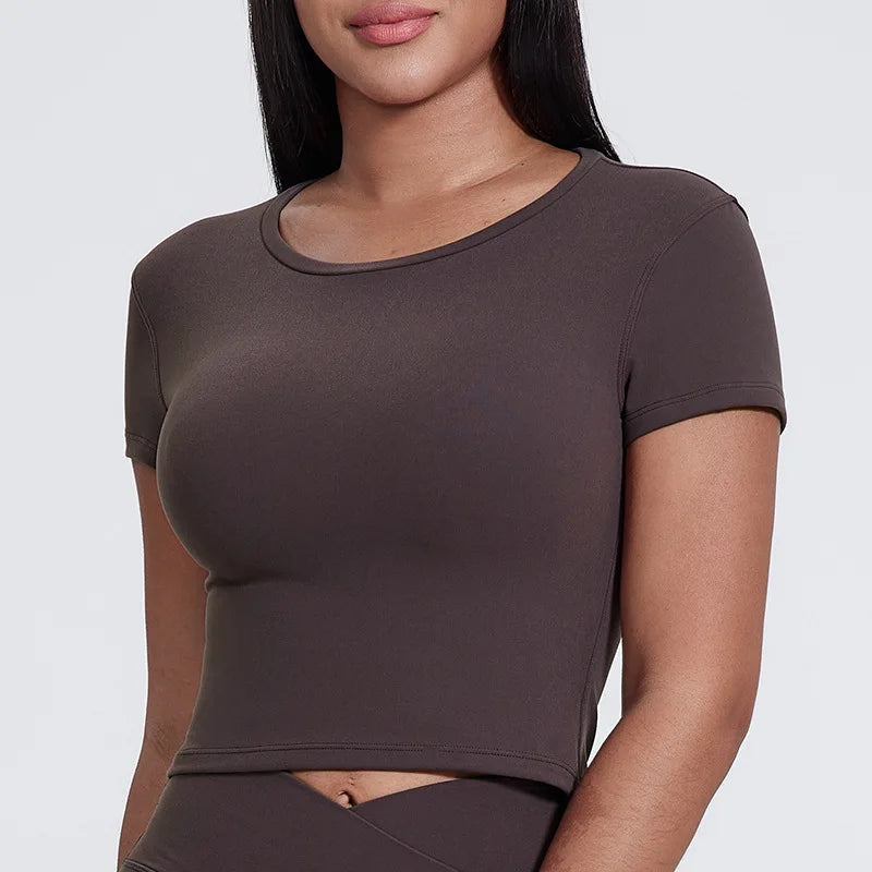 Spandex nylon knit women's crew neck short sleeve slim crop t-shirt - product image