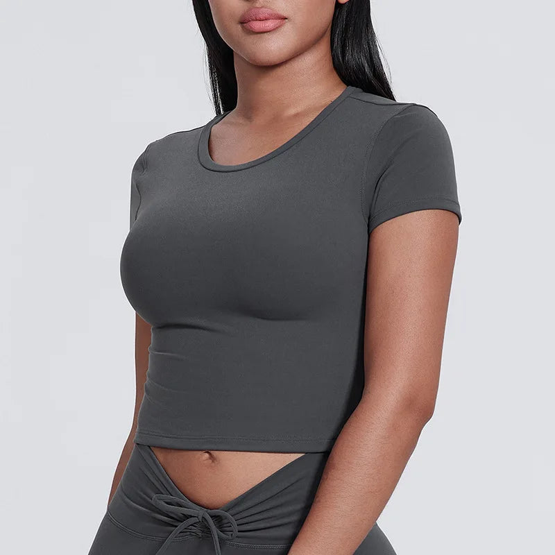 Spandex nylon knit women's crew neck short sleeve slim crop t-shirt - product image
