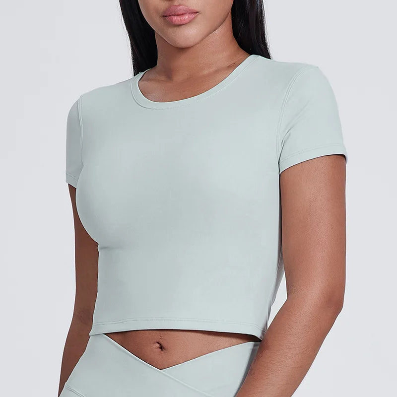 Spandex nylon knit women's crew neck short sleeve slim crop t-shirt - product image