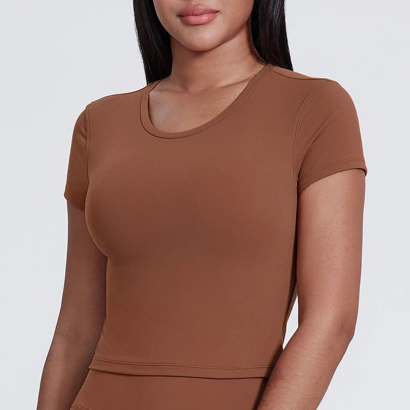Spandex nylon knit women's crew neck short sleeve slim crop t-shirt - product image