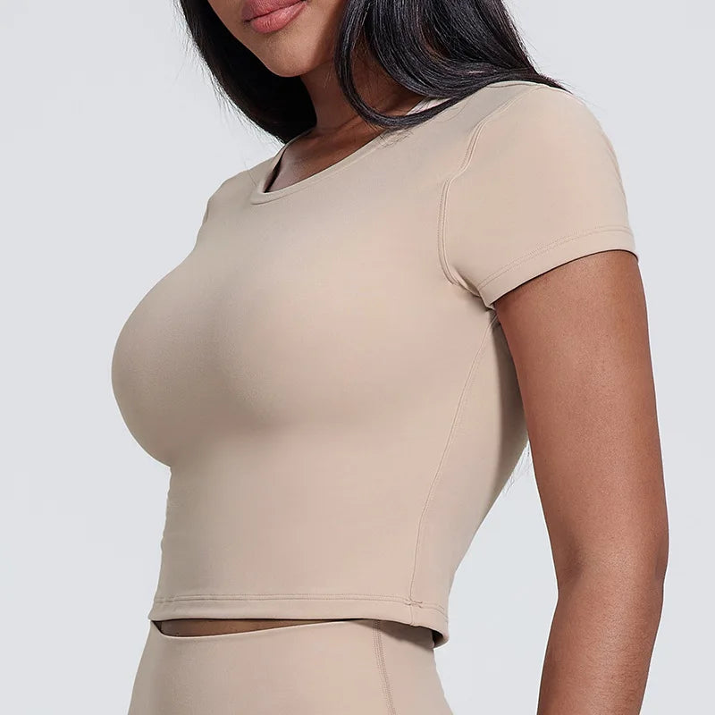 Spandex nylon knit women's crew neck short sleeve slim crop t-shirt - product image