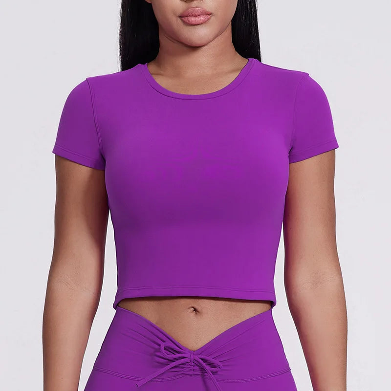 Spandex nylon knit women's crew neck short sleeve slim crop t-shirt - product image