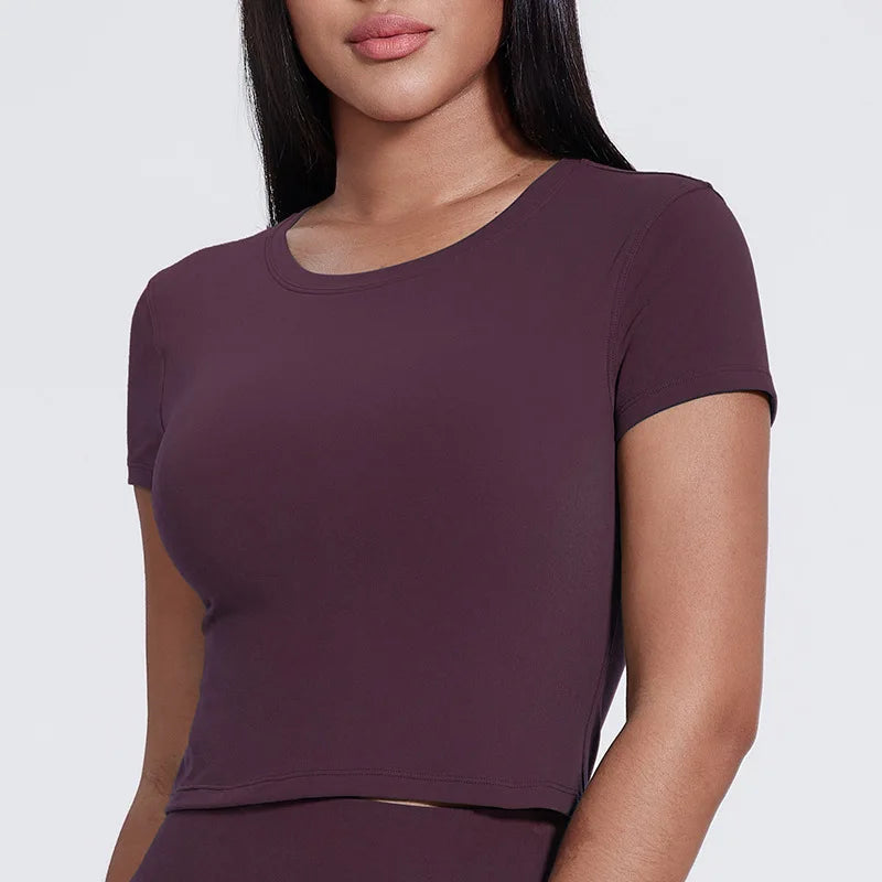 Spandex nylon knit women's crew neck short sleeve slim crop t-shirt - product image