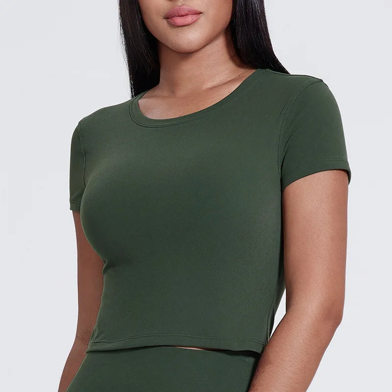 Spandex nylon knit women's crew neck short sleeve slim crop t-shirt - product image