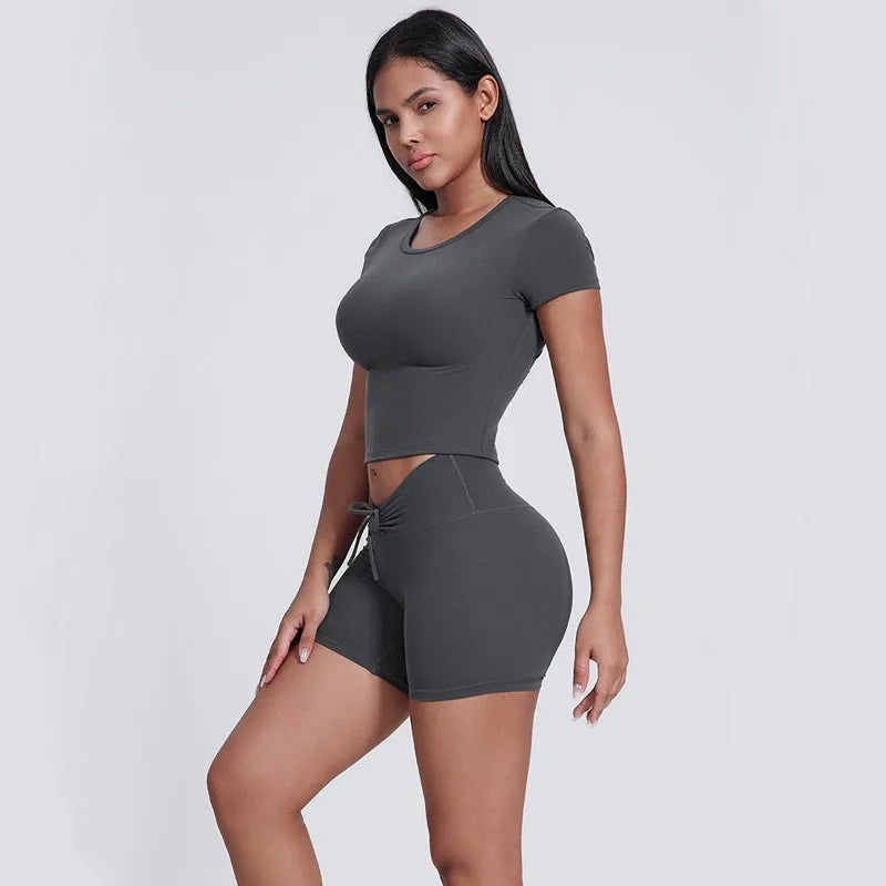 Spandex nylon knit women's crew neck short sleeve slim crop t-shirt - product image