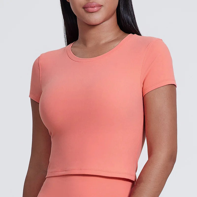 Spandex nylon knit women's crew neck short sleeve slim crop t-shirt - product image
