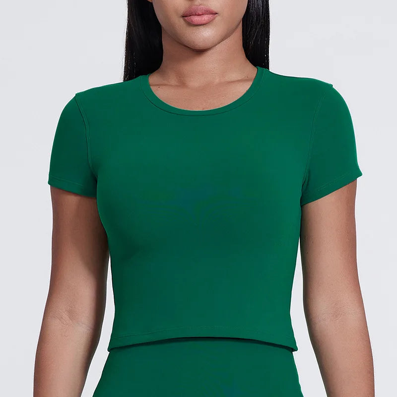 Spandex nylon knit women's crew neck short sleeve slim crop t-shirt - product image