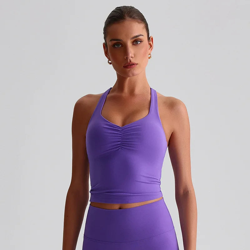 Spandex nylon knit women's scrunch halter neck yoga sports bra gym crop top - product image