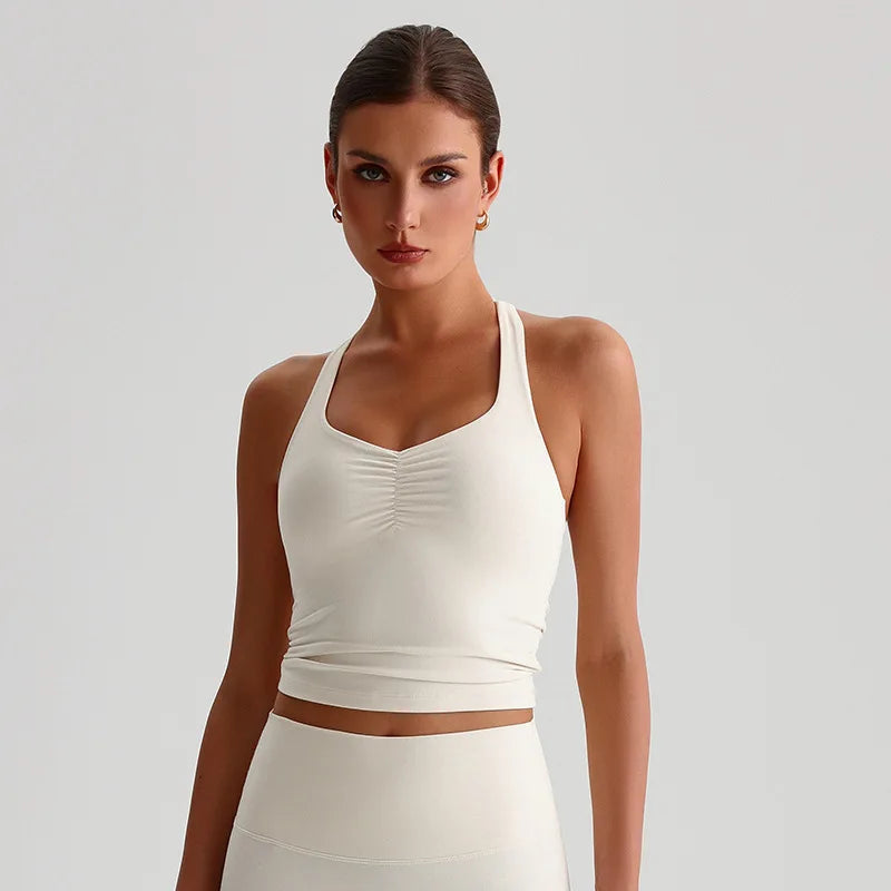 Spandex nylon knit women's scrunch halter neck yoga sports bra gym crop top - product image