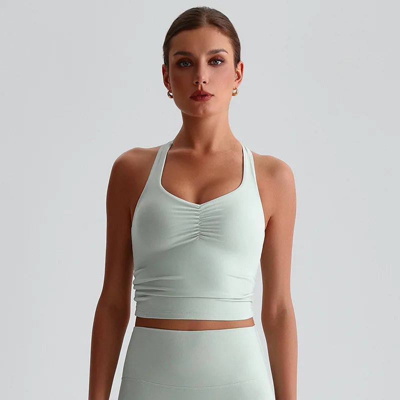 Spandex nylon knit women's scrunch halter neck yoga sports bra gym crop top - product image
