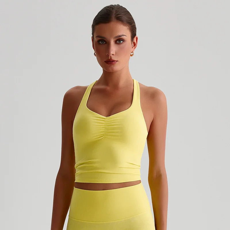 Spandex nylon knit women's scrunch halter neck yoga sports bra gym crop top - product image