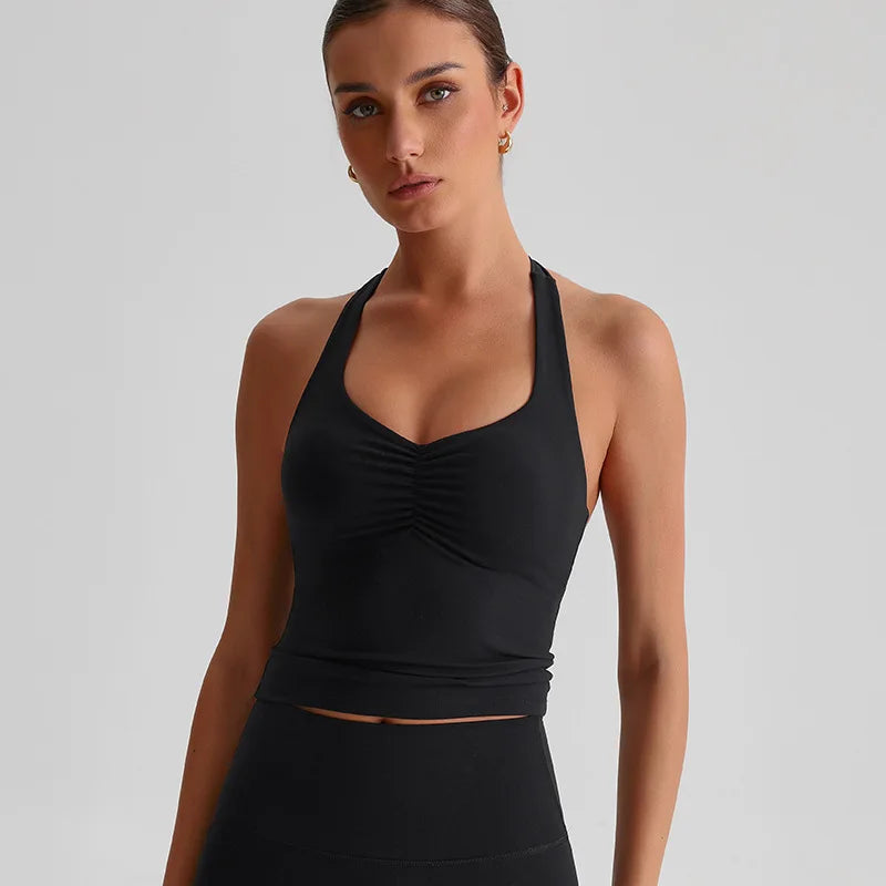 Spandex nylon knit women's scrunch halter neck yoga sports bra gym crop top - product image