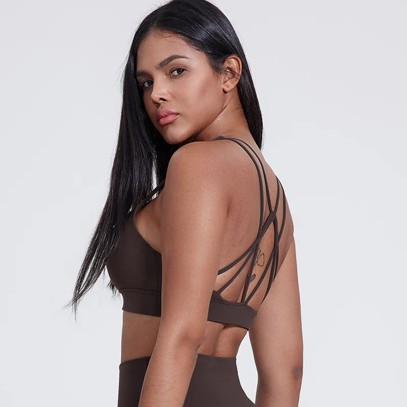 Strappy padded cross back polyester knit fitness sports bra - product image