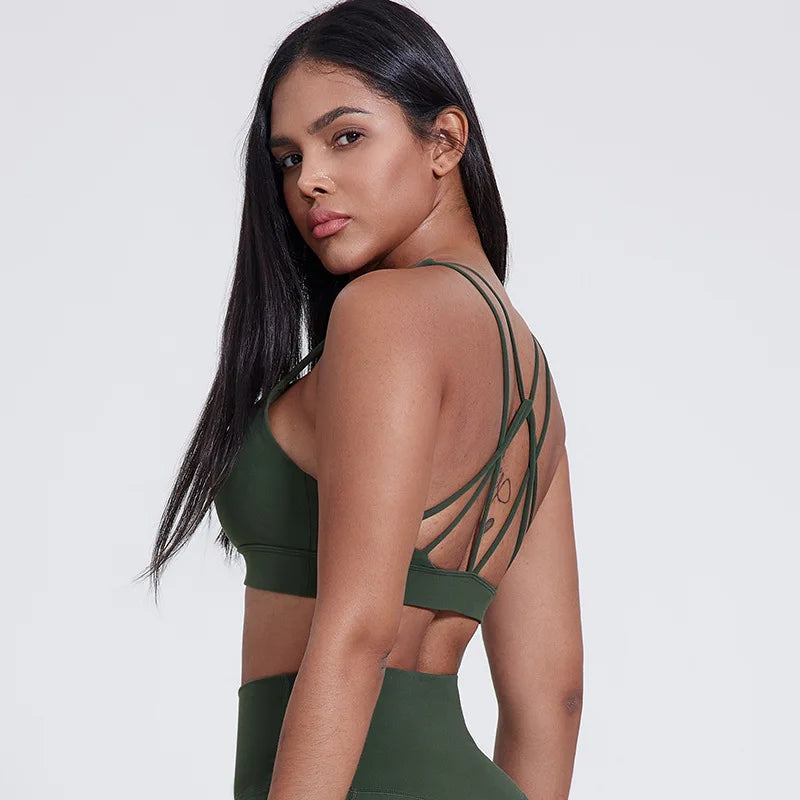 Strappy padded cross back polyester knit fitness sports bra - product image