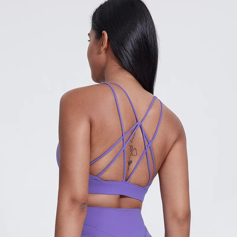Strappy padded cross back polyester knit fitness sports bra - product image