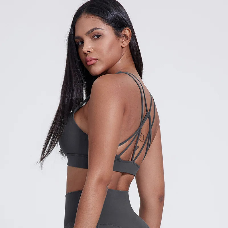 Strappy padded cross back polyester knit fitness sports bra - product image