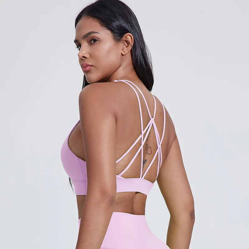 Strappy padded cross back polyester knit fitness sports bra - product image