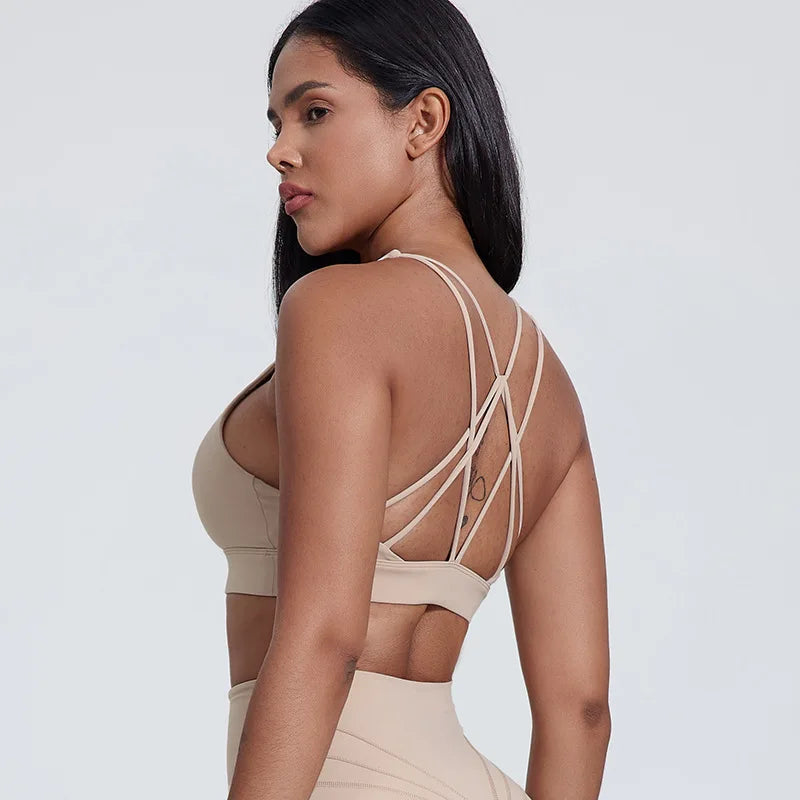 Strappy padded cross back polyester knit fitness sports bra - product image