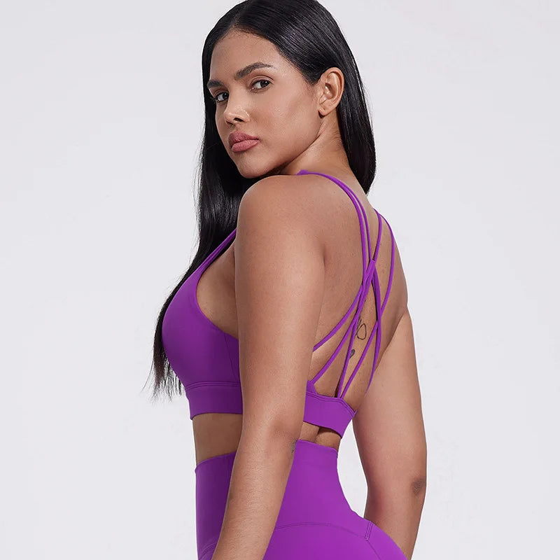 Strappy padded cross back polyester knit fitness sports bra - product image