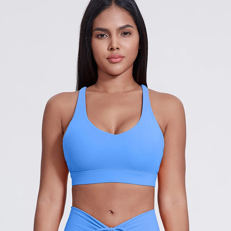 Strappy padded cross back polyester knit fitness sports bra - product image