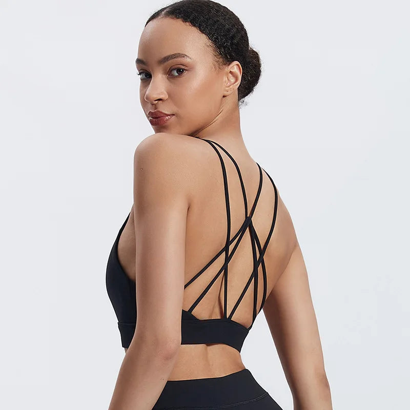 Strappy padded cross back polyester knit fitness sports bra - product image