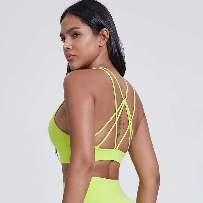 Strappy padded cross back polyester knit fitness sports bra - product image