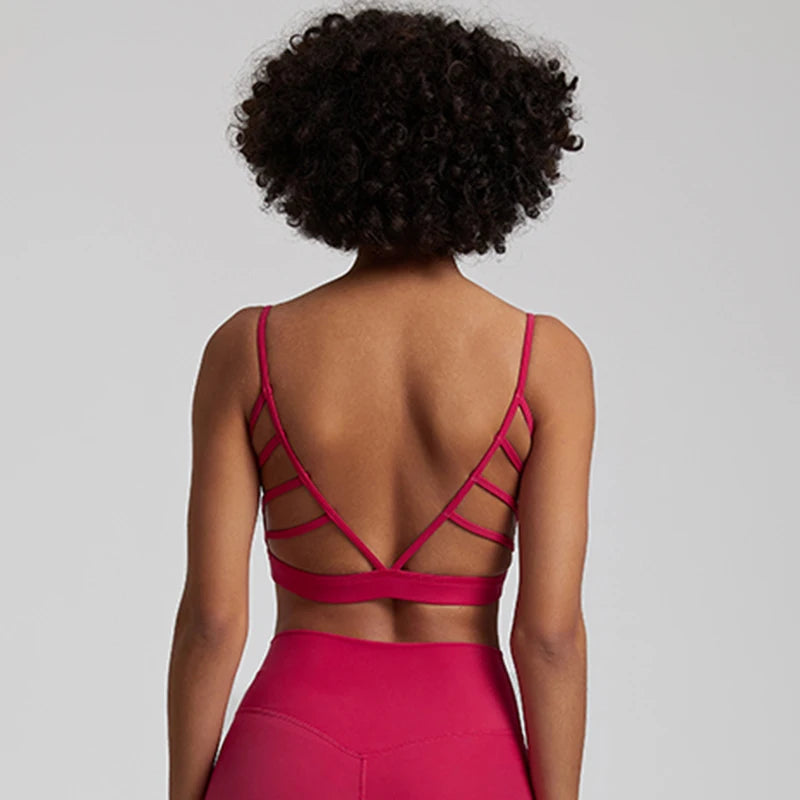 Super cloud open back deep u neck padded sports bra with 8-way stretch nylon spandex - product image