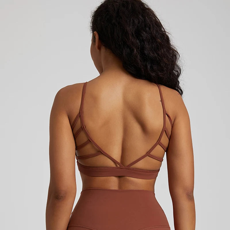 Super cloud open back deep u neck padded sports bra with 8-way stretch nylon spandex - product image