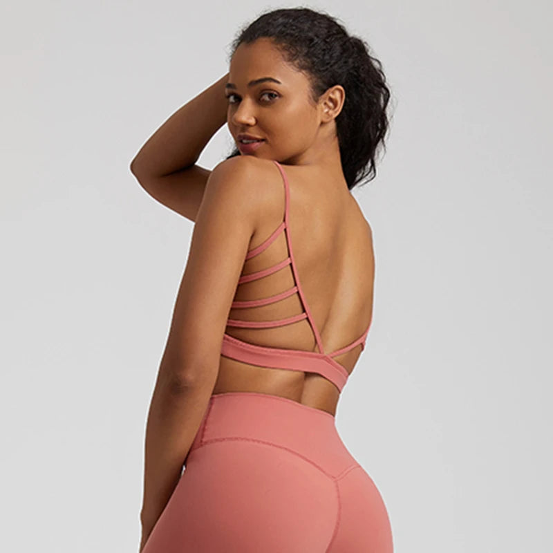 Super cloud open back deep u neck padded sports bra with 8-way stretch nylon spandex - product image