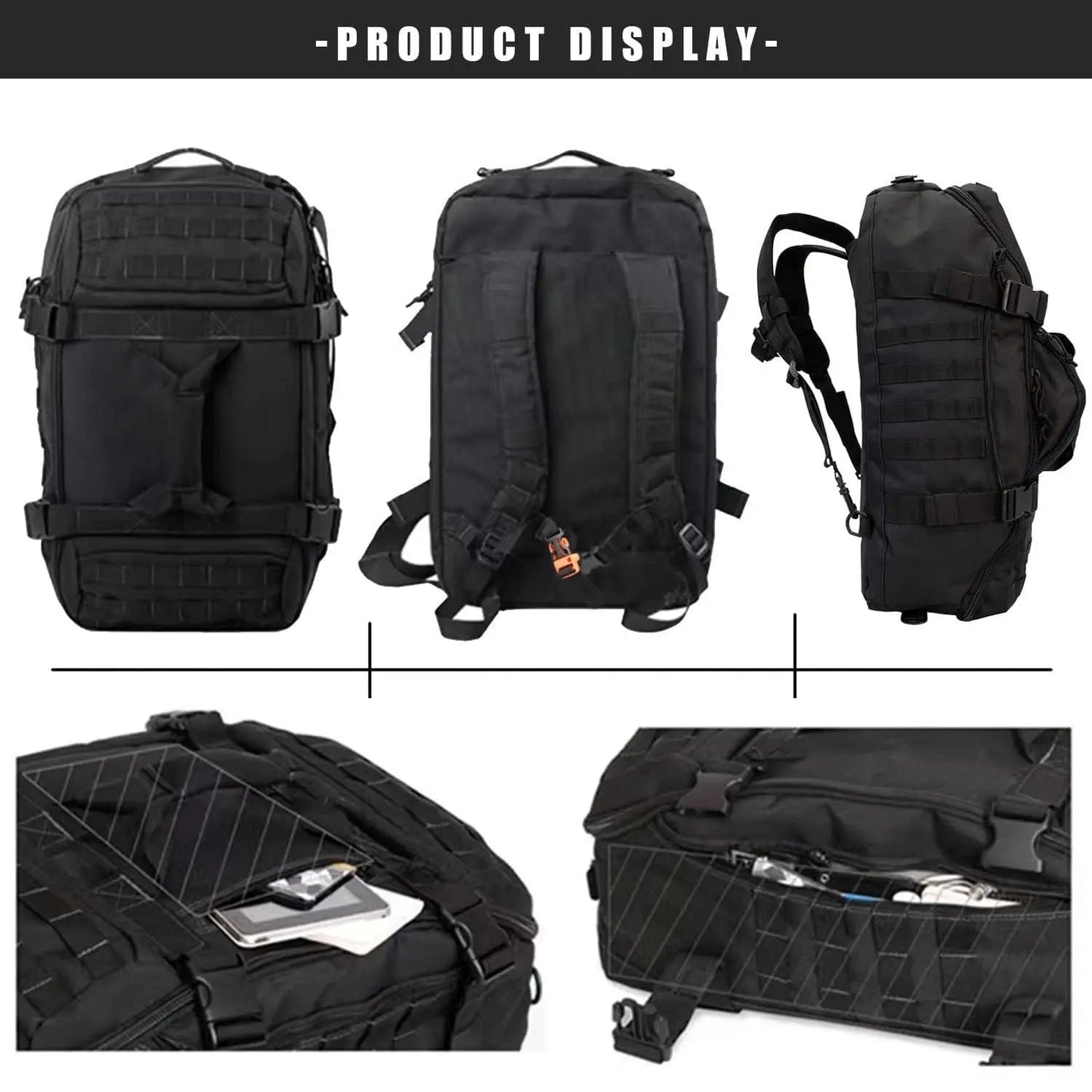 Tactical men's large capacity backpack with multiple compartments and concealable straps - product image