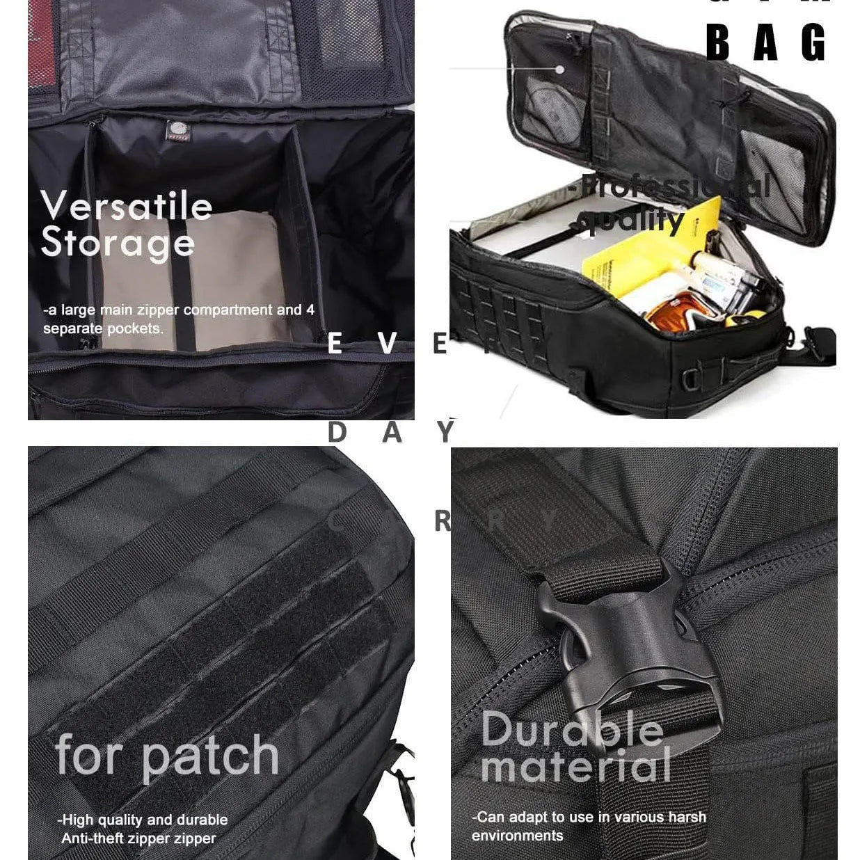 Tactical men's large capacity backpack with multiple compartments and concealable straps - product image
