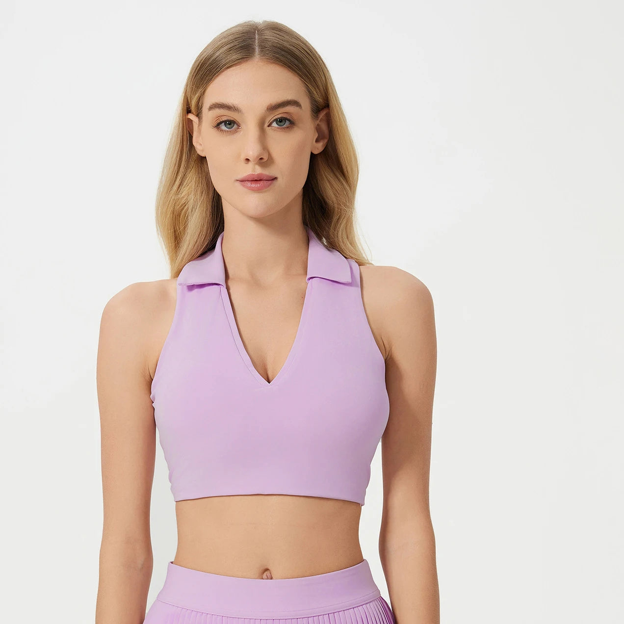 V neck back cutout knit nylon yoga crop top with padding - product image