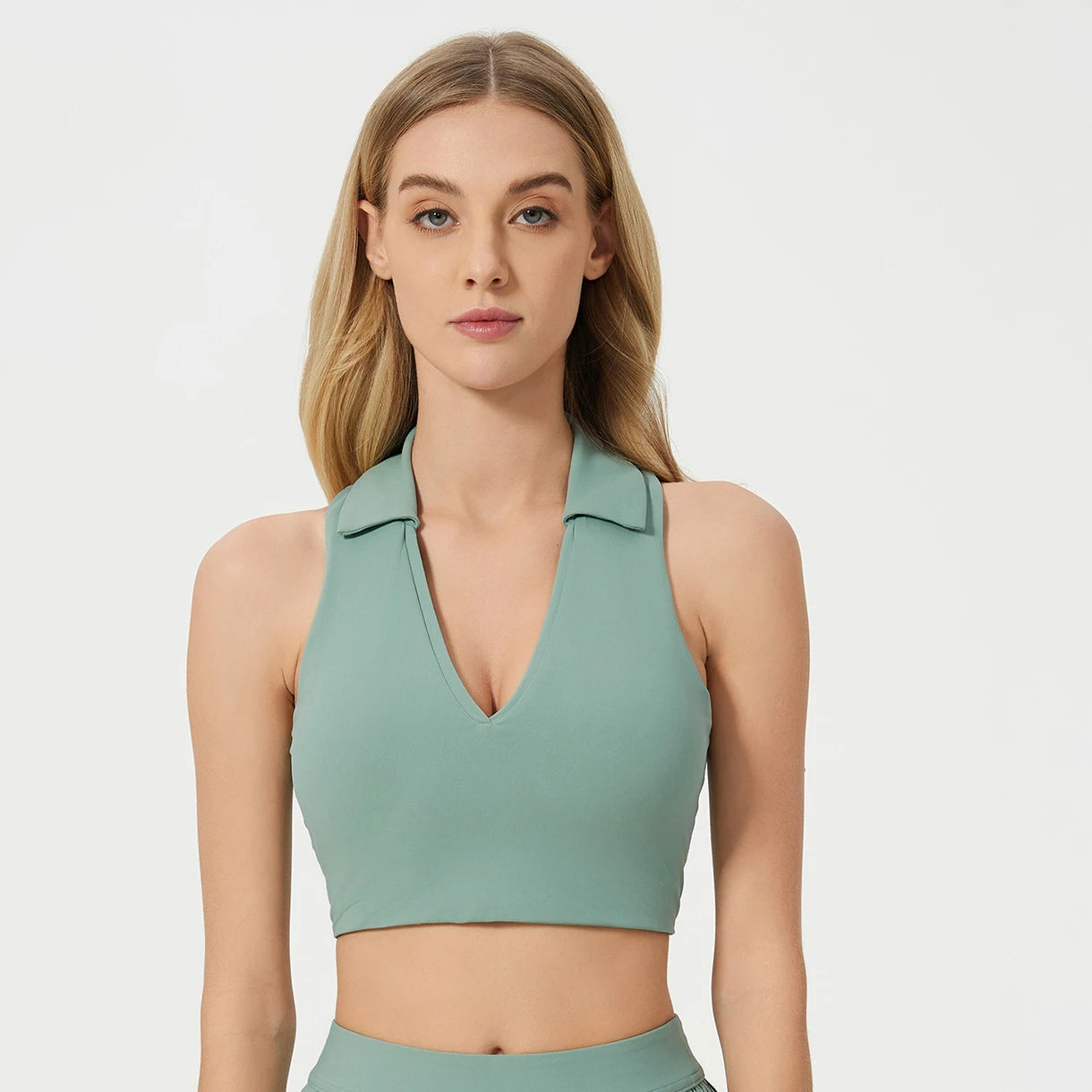 V neck back cutout knit nylon yoga crop top with padding - product image