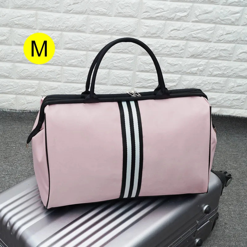 Waterproof nylon large capacity striped travel duffle gym bag with multiple compartments - product image