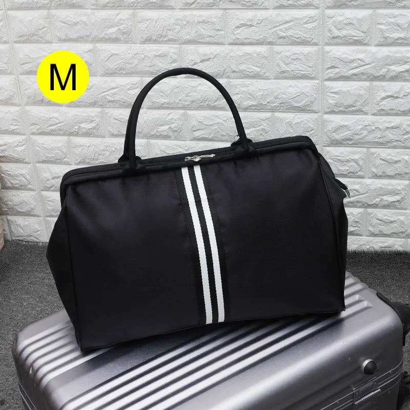Waterproof nylon large capacity striped travel duffle gym bag with multiple compartments - product image