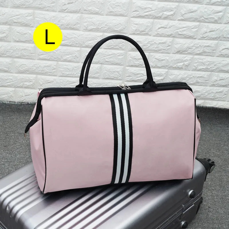 Waterproof nylon large capacity striped travel duffle gym bag with multiple compartments - product image