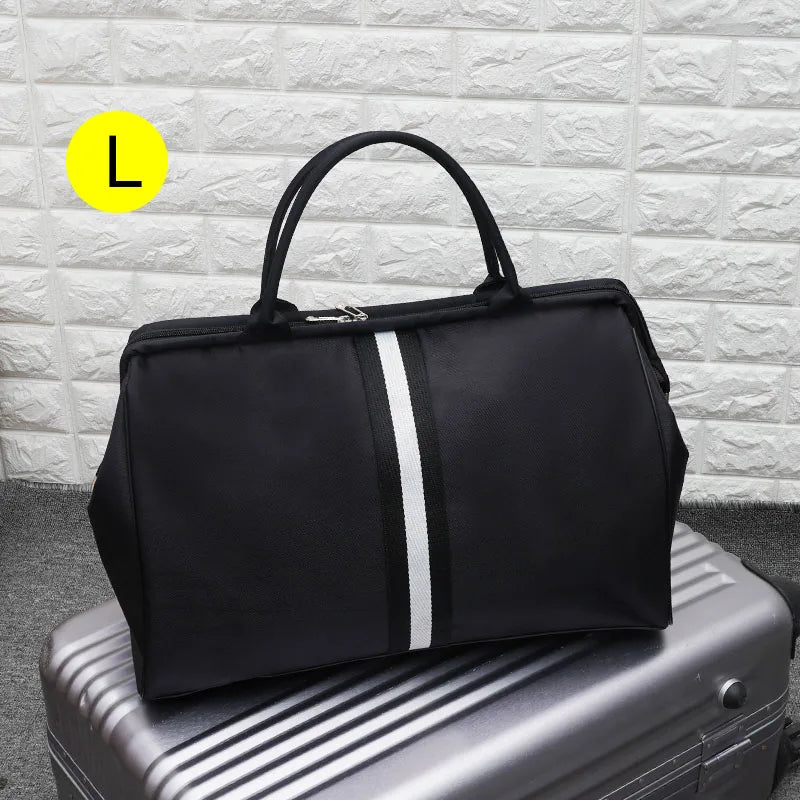 Waterproof nylon large capacity striped travel duffle gym bag with multiple compartments - product image